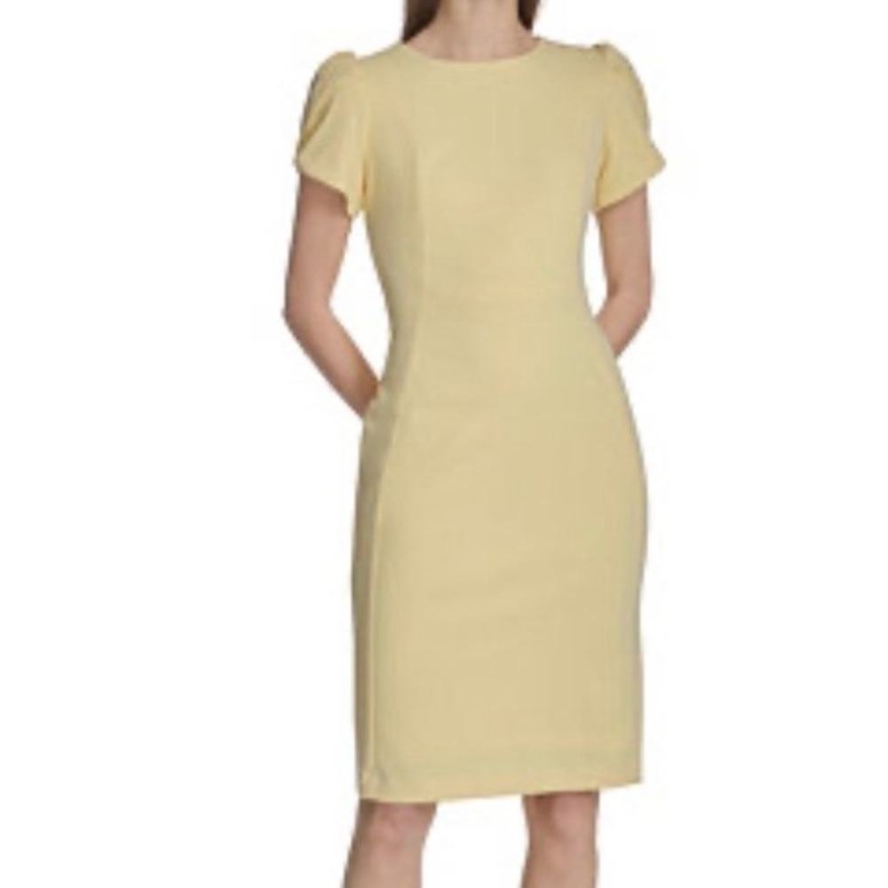 Calvin Klein Sheath Dress Women 12 Yellow Tulip Sleeve Career Modern Chic